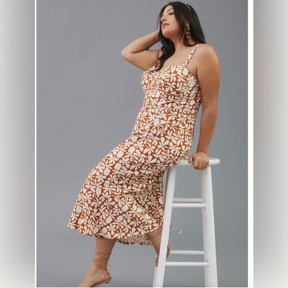 Anthropologie Hutch brown motif cream Floral Slim Midi Dress size large new - Picture 2 of 10